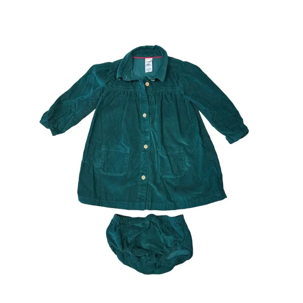 Baby Girls Carter’s Corduroy Dress 18M Green Teal Long Sleeve Bloomers EUC